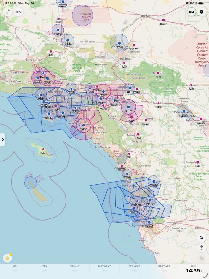 Southern California airspace with Class B, C and D shelves drawn over the map