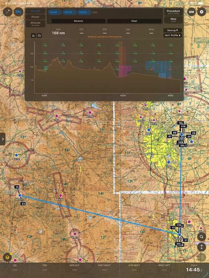 AeroTrack EFB on iPad: a KASE to KCOS to KDEN route with a vertical profile showing terrain, winds aloft and airspace