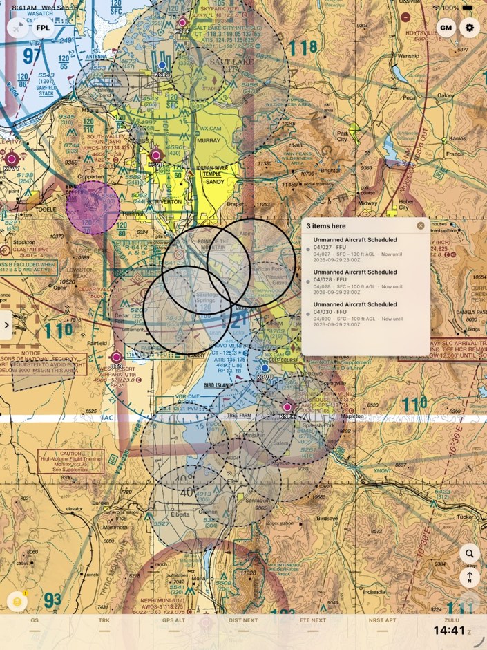 Salt Lake City sectional chart with TFR circles and a NOTAM popup listing three items